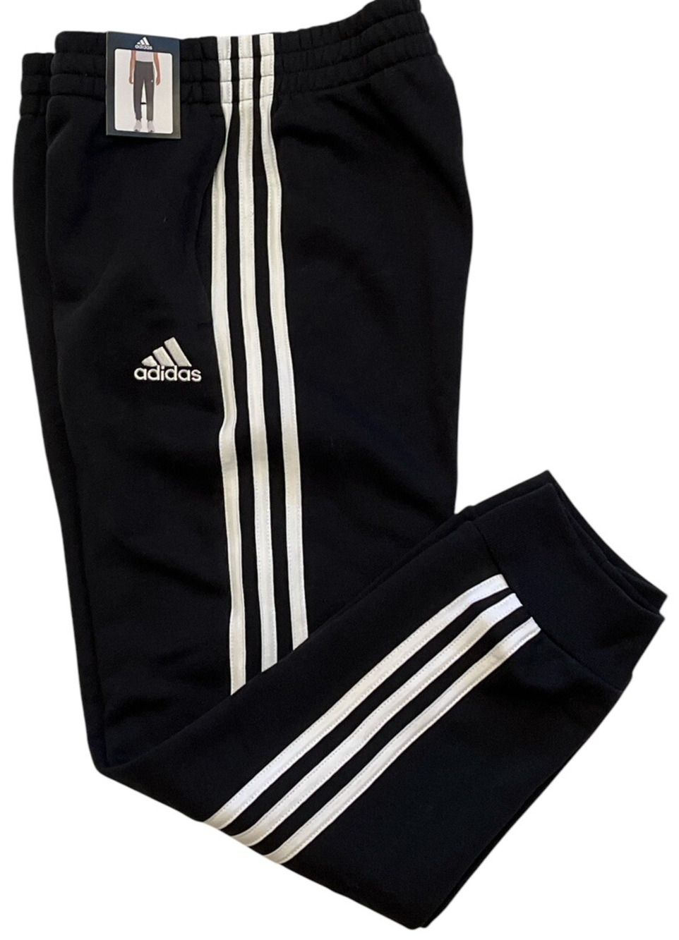 adidas Fleece Jogger Sweatpants Unisex Size 8 Black 3 Stripe Embroidered Logo